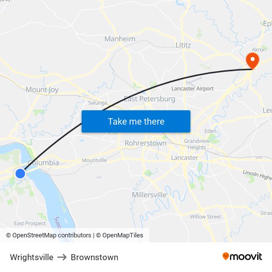 Wrightsville to Brownstown map