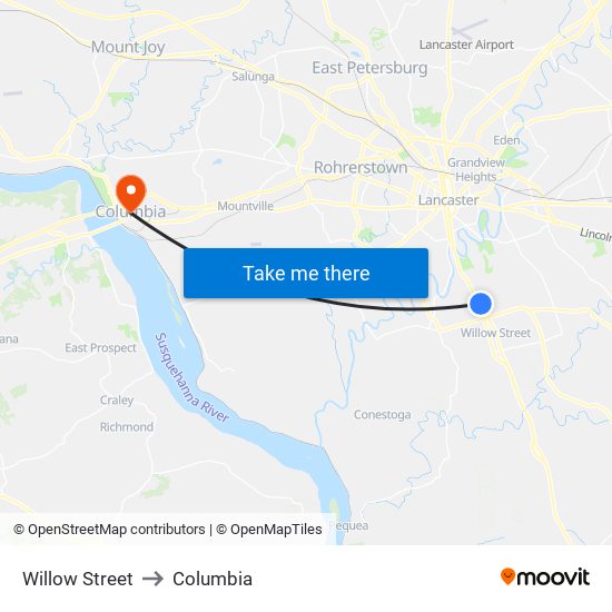 Willow Street to Columbia map