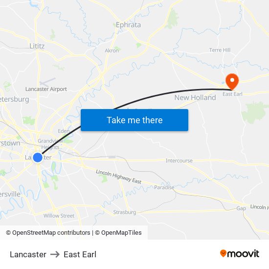 Lancaster to East Earl map