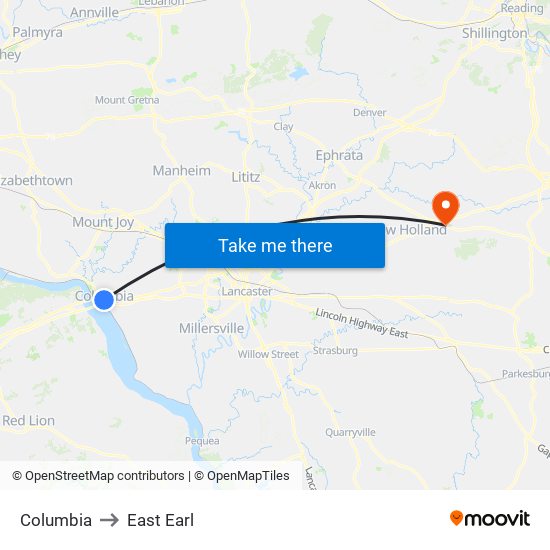 Columbia to East Earl map