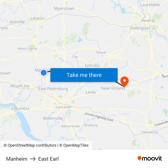 Manheim to East Earl map