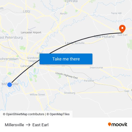 Millersville to East Earl map