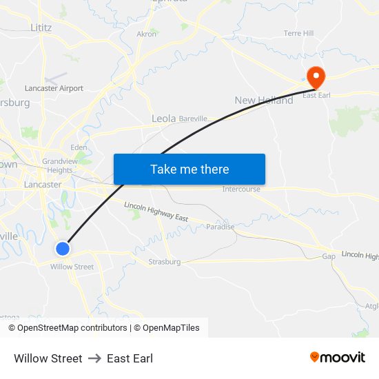 Willow Street to East Earl map