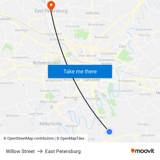 Willow Street to East Petersburg map