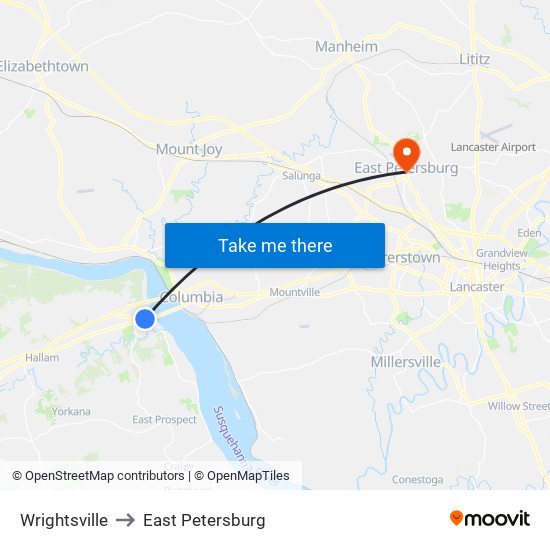 Wrightsville to East Petersburg map