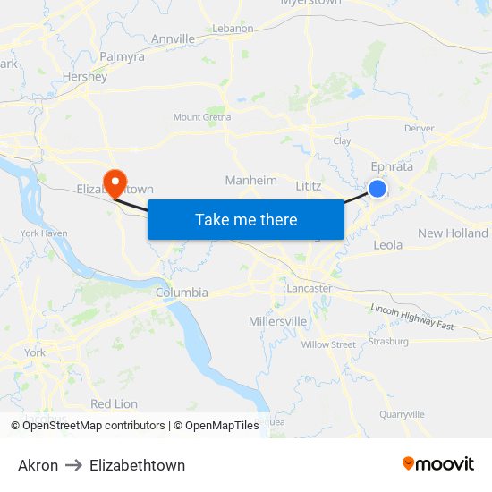 Akron to Elizabethtown map