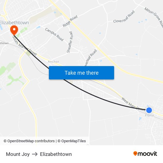 Mount Joy to Elizabethtown map
