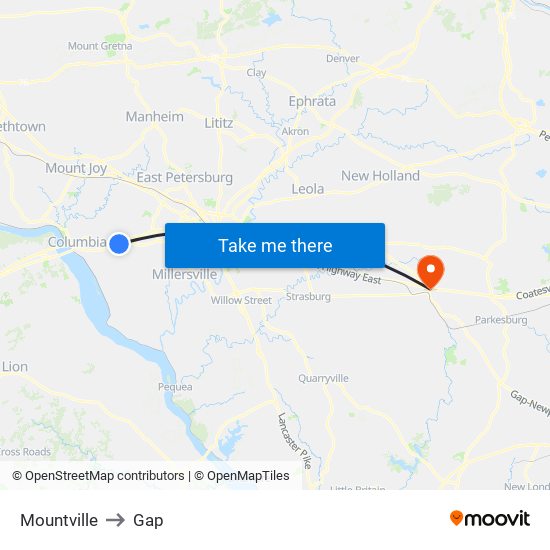 Mountville to Gap map