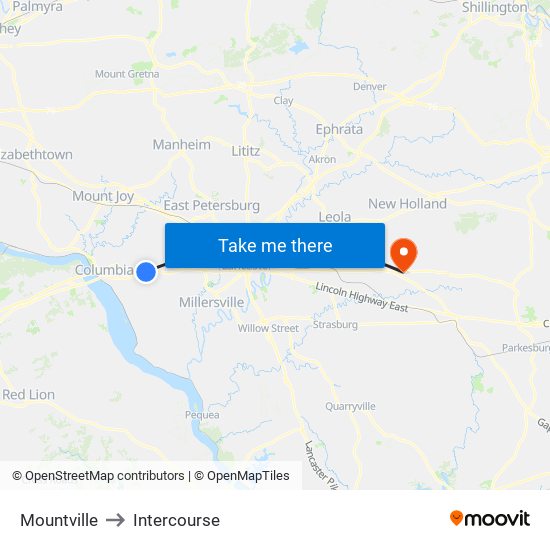 Mountville to Intercourse map