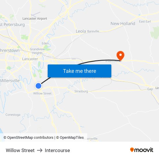 Willow Street to Intercourse map