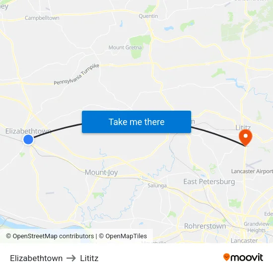 Elizabethtown to Lititz map