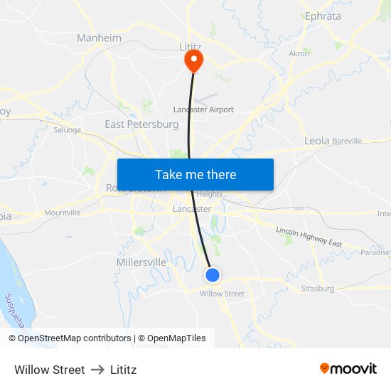 Willow Street to Lititz map