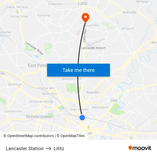 Lancaster Station to Lititz map