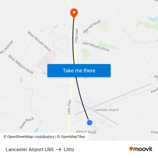 Lancaster Airport LNS to Lititz map