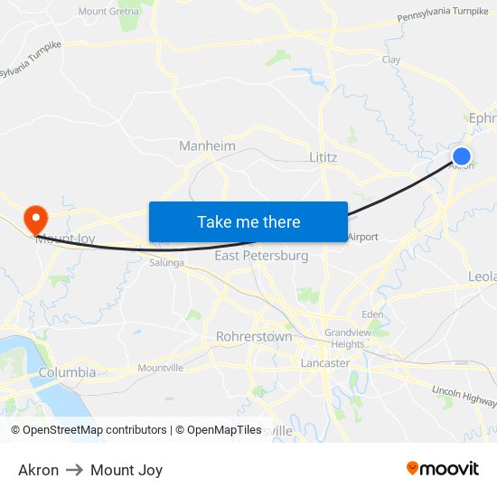 Akron to Mount Joy map