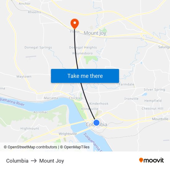 Columbia to Mount Joy map