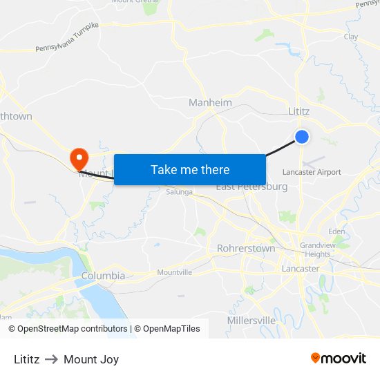 Lititz to Mount Joy map