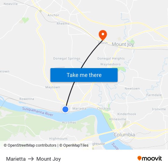 Marietta to Mount Joy map