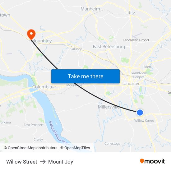 Willow Street to Mount Joy map