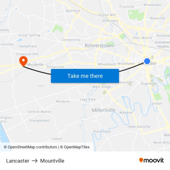 Lancaster to Mountville map