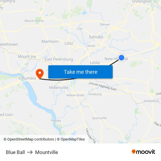 Blue Ball to Mountville map