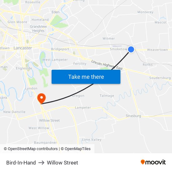 Bird-In-Hand to Willow Street map