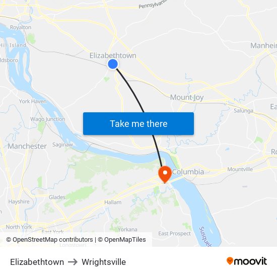 Elizabethtown to Wrightsville map