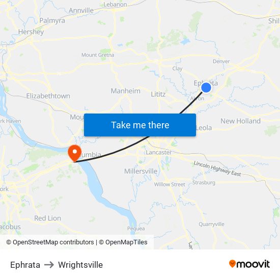 Ephrata to Wrightsville map