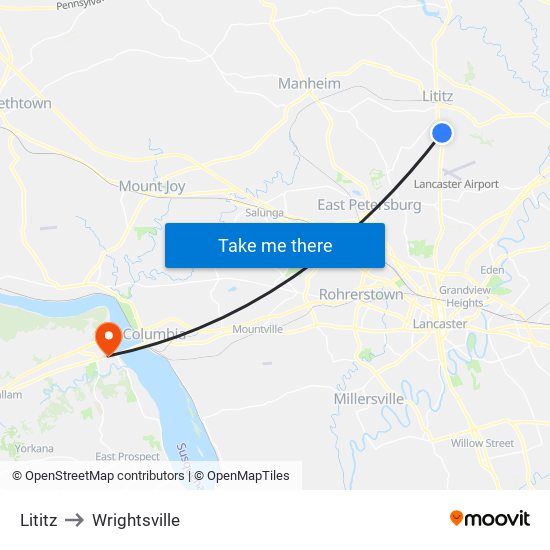 Lititz to Wrightsville map