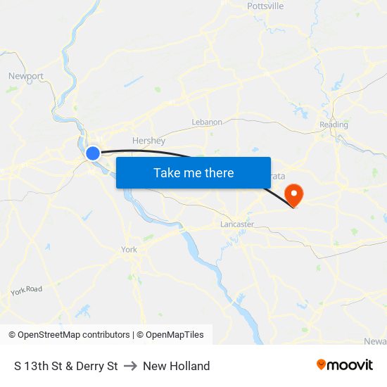 S 13th St & Derry St to New Holland map