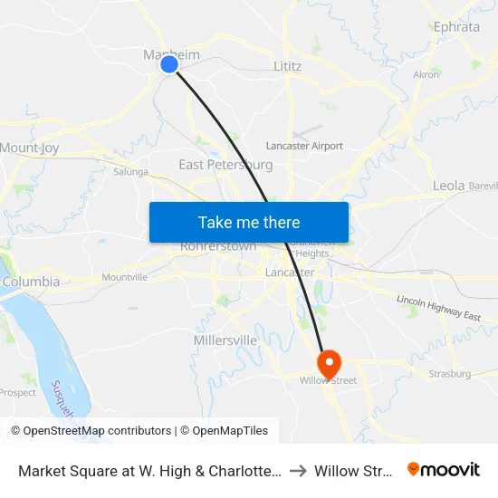 Market Square at W. High & Charlotte St. to Willow Street map