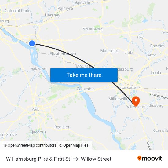 W Harrisburg Pike & First St to Willow Street map