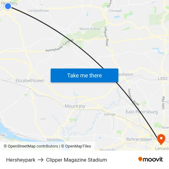 Hersheypark to Clipper Magazine Stadium map