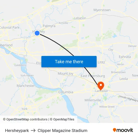 Hersheypark to Clipper Magazine Stadium map