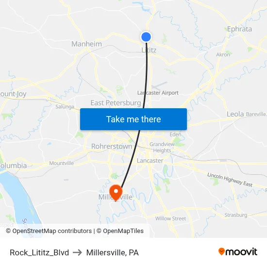 Rock_Lititz_Blvd to Millersville, PA map
