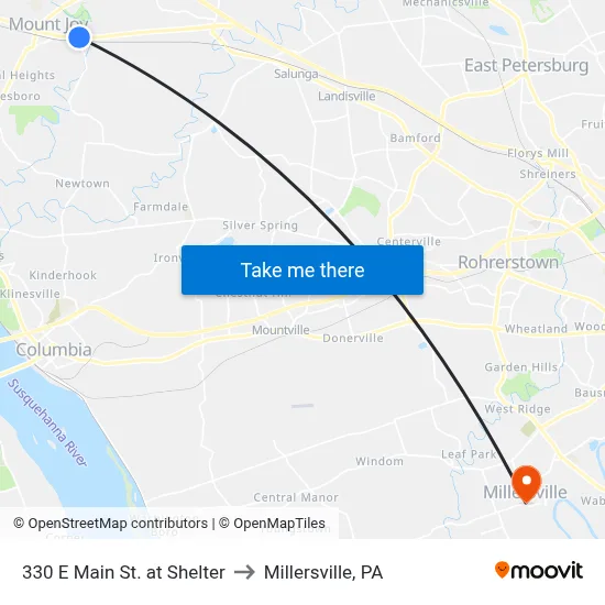 330 E Main St. at Shelter to Millersville, PA map