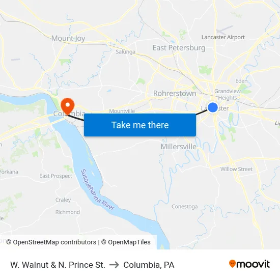W. Walnut & N. Prince St. to Columbia, PA map