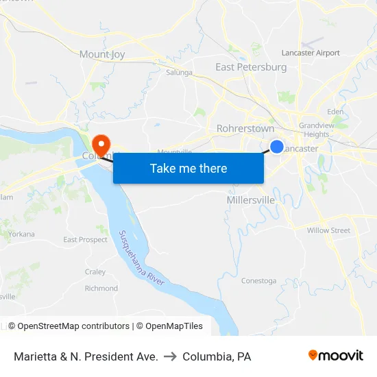 Marietta & N. President Ave. to Columbia, PA map