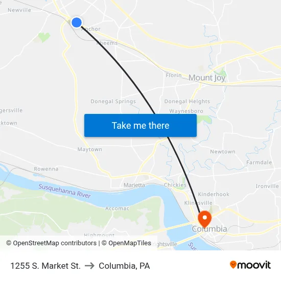 1255 S. Market St. to Columbia, PA map