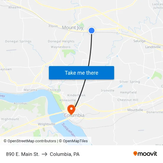 890 E. Main St. to Columbia, PA map