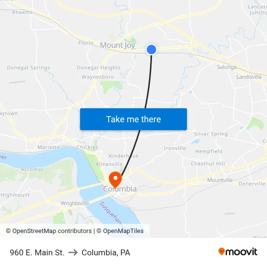960 E. Main St. to Columbia, PA map