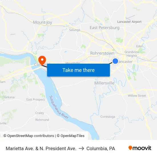 Marietta Ave. & N. President Ave. to Columbia, PA map