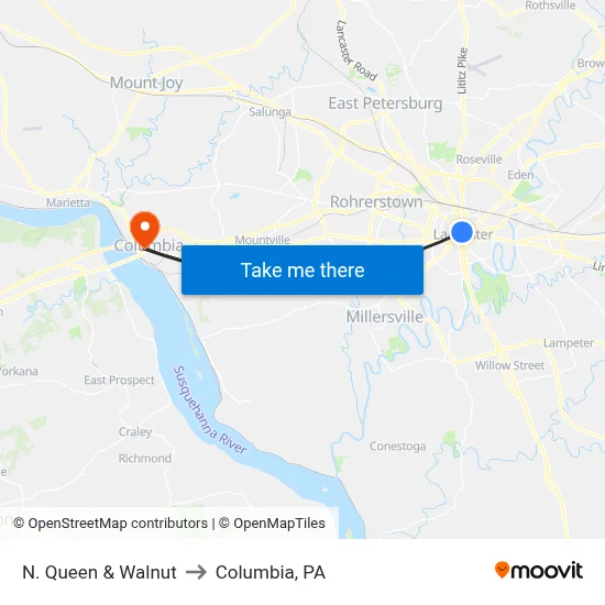 N. Queen & Walnut to Columbia, PA map