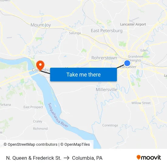 N. Queen & Frederick St. to Columbia, PA map