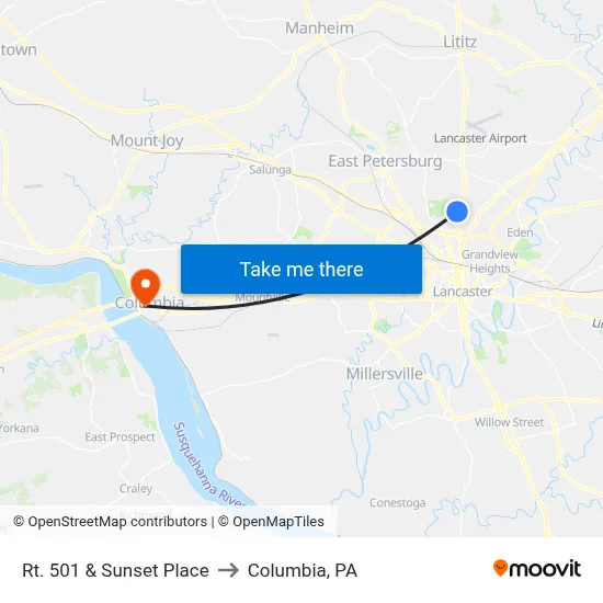 Rt. 501 & Sunset Place to Columbia, PA map