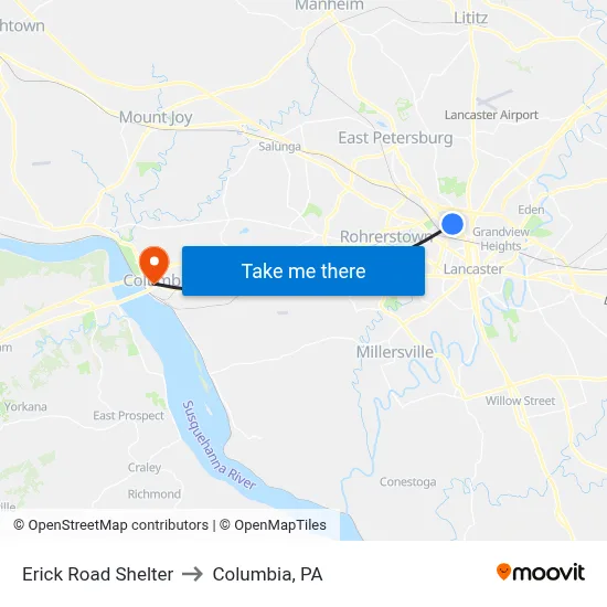 Erick Road Shelter to Columbia, PA map
