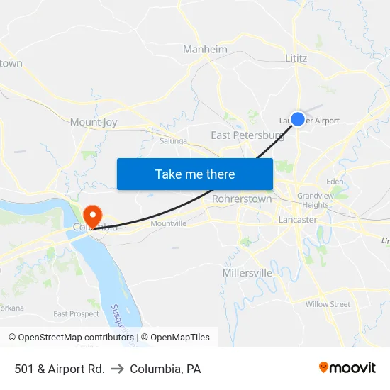 501 & Airport Rd. to Columbia, PA map
