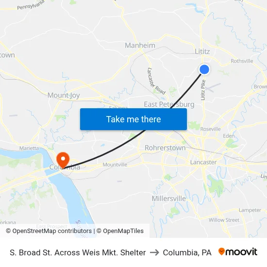 S. Broad St. Across Weis Mkt. Shelter to Columbia, PA map