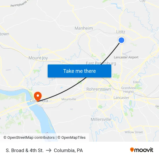 S. Broad & 4th St. to Columbia, PA map