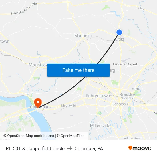 Rt. 501 & Copperfield Circle to Columbia, PA map